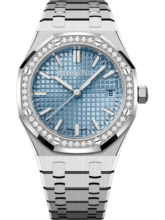 Royal Oak Selfwinding 50th Anniversary 34MM Stainless Steel Bracelet Light Blue Dial With Grande Tapisserie Pattern Stainless Steel Case Bezel Set With Brilliant-Cut Diamonds