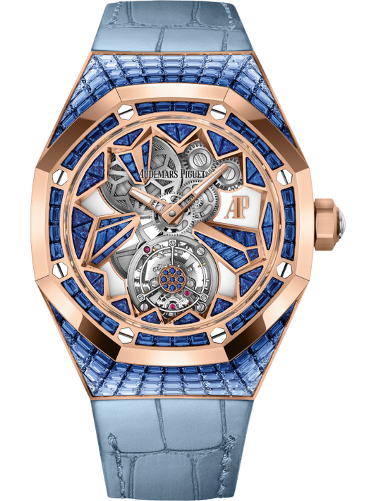 Royal Oak Concept 38.5mm Flying Tourbillon Light Blue Aligator Strap Constellation with 18-Carat Pink Gold Case Entirely Set Sapphires