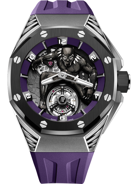 Royal Oak Concept 42MM Black Panther Flying Tourbillon Purple Rubber Strap White Gold 3D Black Panther Character Dial Sandblasted Titanium Case Black Ceramic Bezel