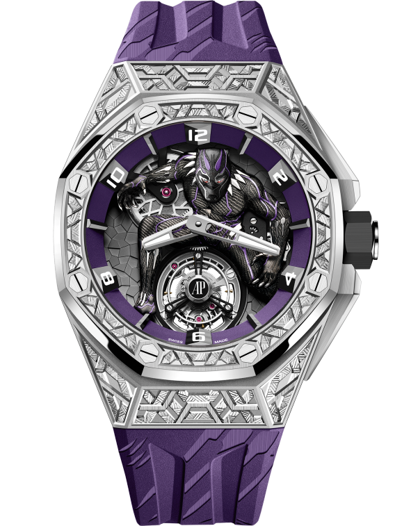 Royal Oak Concept 42mm Black Panther Flying Tourbillon and 18-Carat White Gold with Purple Rubber Strap Purple Inner Bezel
