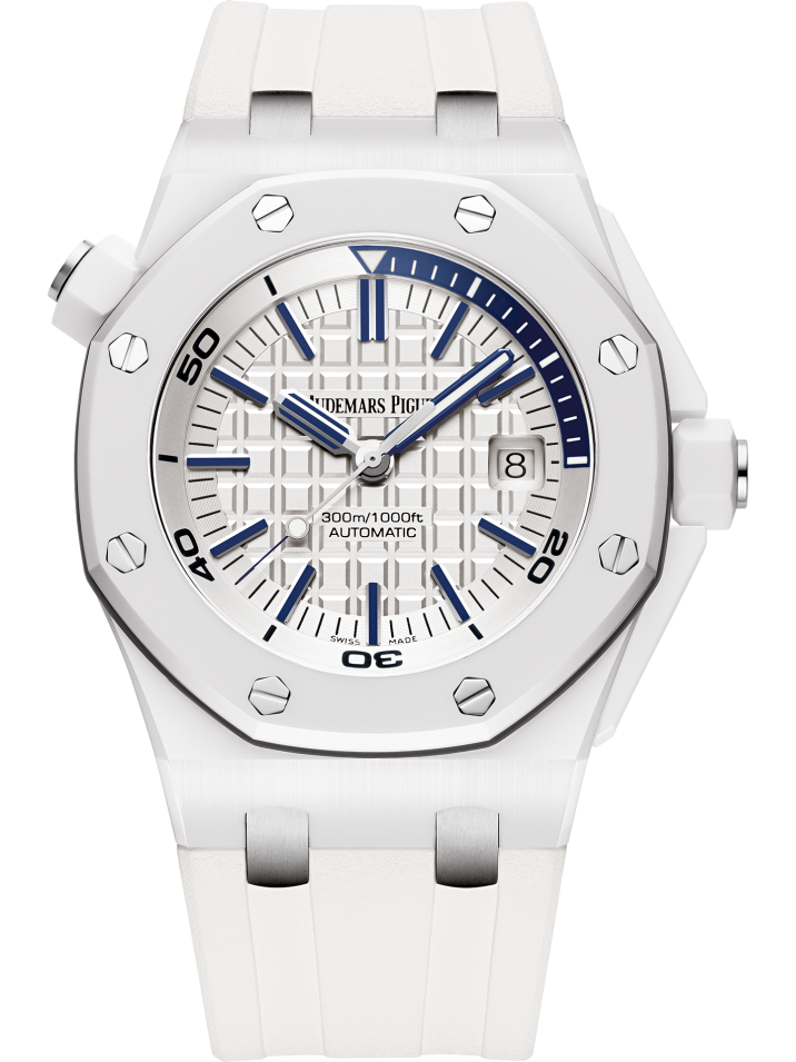 Royal Oak Offshore Diver 42MM White Rubber Strap Light Silver-Toned Dial With Méga Tapisserie Pattern White Ceramic Case and Bezel