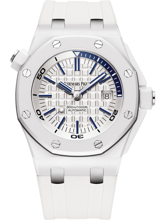 Royal Oak Offshore Diver 42MM White Rubber Strap Light Silver-Toned Dial With Méga Tapisserie Pattern White Ceramic Case and Bezel