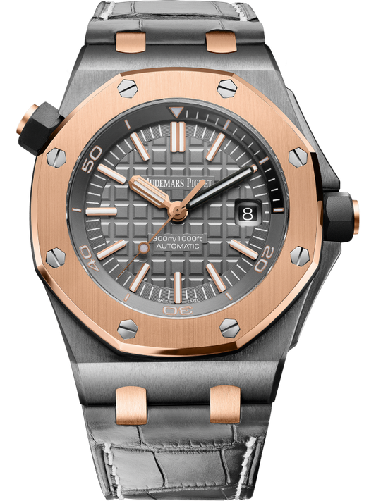 Royal Oak Offshore Diver Qe II Cup 2014 42MM Grey Alligator Strap Slate Grey Dial With Méga Tapisserie Pattern Tantalum Case 18-Carat Pink Gold Bezel