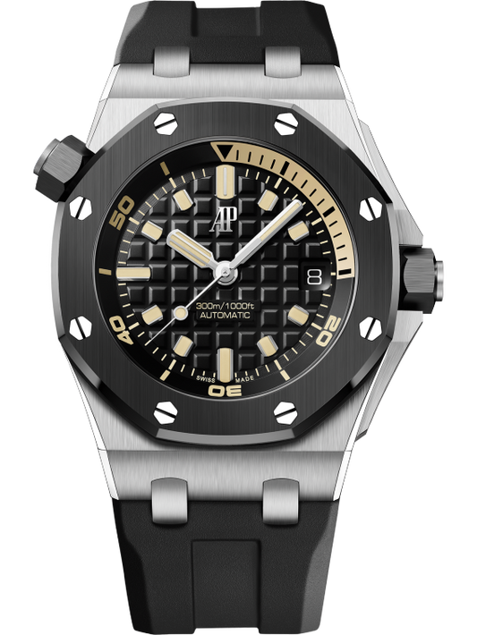 Royal Oak Offshore Diver 42MM Black Rubber Strap Black Dial With Méga Tapisserie Pattern 18-Carat White Gold Case Black Ceramic Bezel