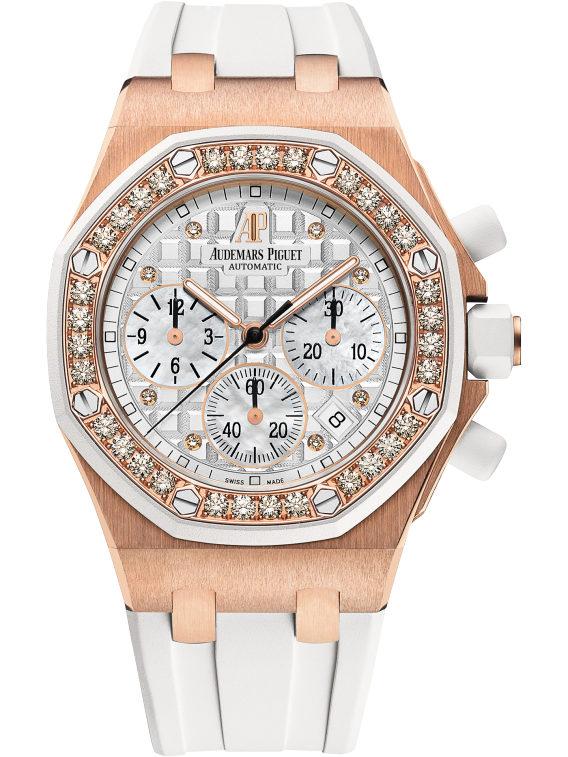 Royal Oak Offshore Chronograph 37MM White Rubber Strap Silvered Dial With Méga Tapisserie Pattern 18-Carat Pink Gold Case Diamond-Set Bezel