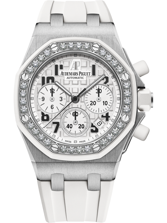 Royal Oak Offshore Chronograph 37MM White Rubber Strap White Dial With Méga Tapisserie Pattern Stainless Steel Case Diamond-Set Bezel