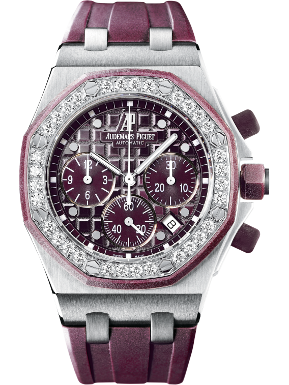 Royal Oak Offshore Chronograph 37MM Plum-Coloured Rubber Strap Plum-Coloured Dial With Méga Tapisserie Pattern Stainless Steel Case Diamond-Set Bezel