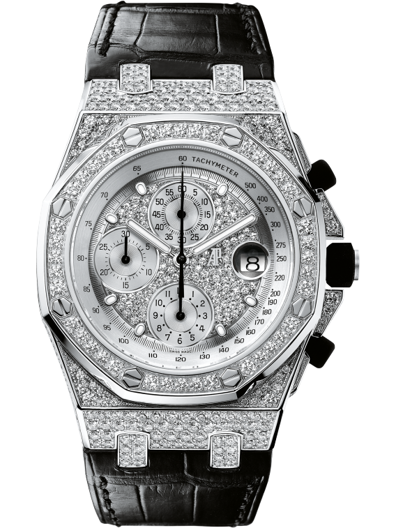 Royal Oak Offshore Chronograph 42MM Black Alligator Strap Diamond-Paved Dial 18-Carat White Gold Case Entirely Set With Diamonds