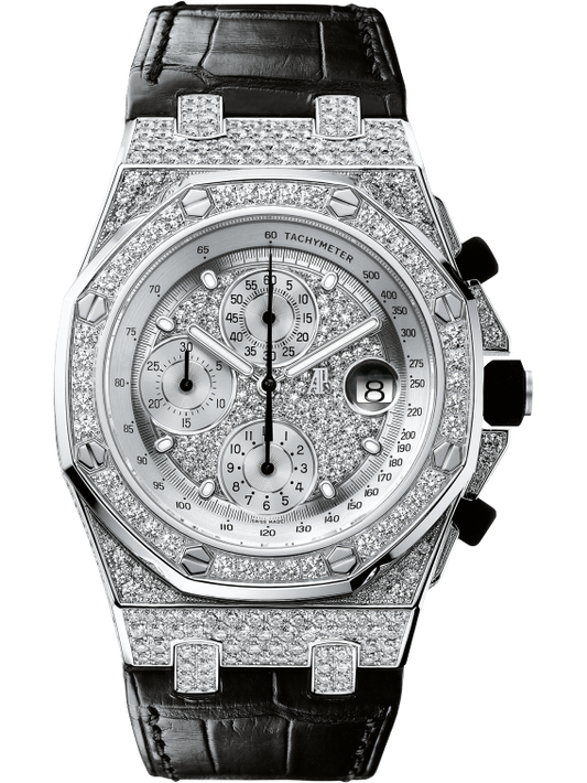 Royal Oak Offshore Chronograph 42MM Black Alligator Strap Diamond-Paved Dial 18-Carat White Gold Case Entirely Set With Diamonds