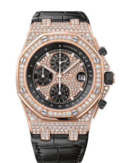 Royal Oak Offshore Chronograph 42MM Black Alligator Strap Diamond-Paved Dial 18-Carat Pink Gold Case Entirely Set With Diamonds