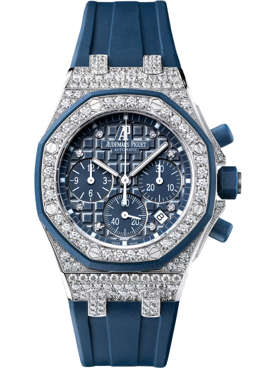 Royal Oak Offshore Chronograph 37MM Blue Rubber Strap Blue Dial With Méga Tapisserie Pattern 18-Carat White Gold Case Entirely Set With Diamonds Blue Rubber-Clad Bezel