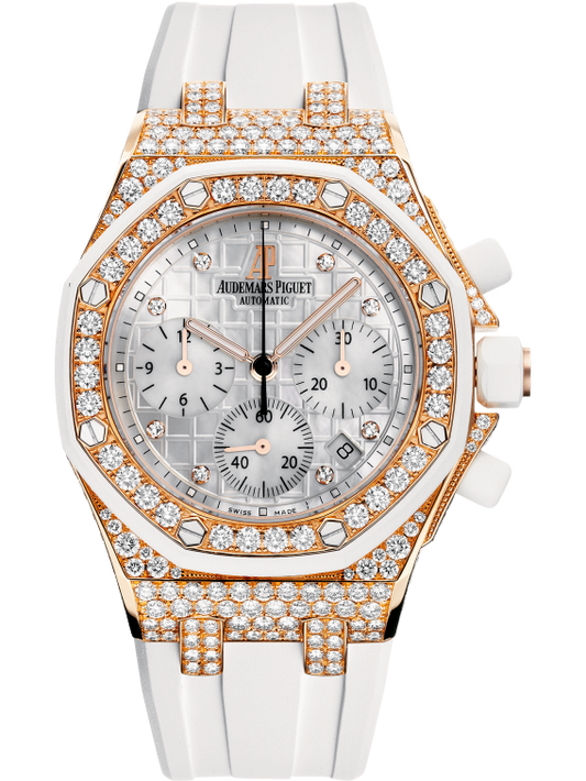Royal Oak Offshore Chronograph 37MM White Rubber Strap Silvered Dial With Méga Tapisserie Pattern 18-Carat Pink Gold Case Entirely Set With Diamonds
