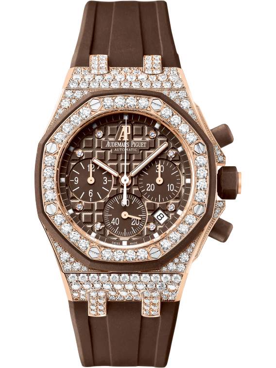 Royal Oak Offshore Chronograph 37MM Brown Rubber Strap Brown Dial With Méga Tapisserie Pattern 18-Carat Pink Gold Case Entirely Set With Diamonds