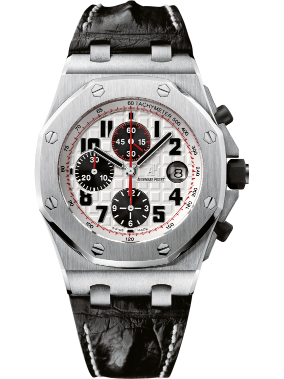 Royal Oak Offshore Chronograph 42MM Black Leather Strap Silvered Dial With Méga Tapisserie Pattern Stainless Steel Case