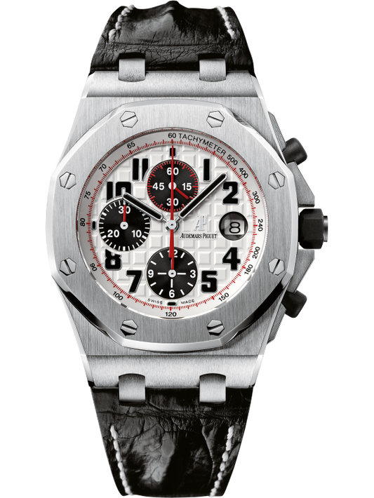 Royal Oak Offshore Chronograph 42MM Black Leather Strap Silvered Dial With Méga Tapisserie Pattern Stainless Steel Case