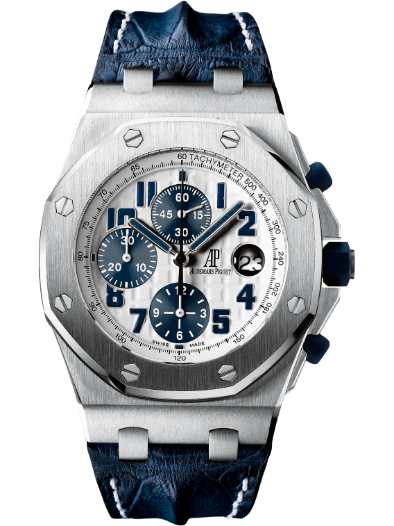 Royal Oak Offshore Chronograph Navy 42MM Blue Leather Strap White Dial With Méga Tapisserie Pattern Stainless Steel Case