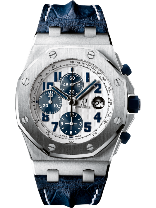 Royal Oak Offshore Chronograph Navy 42MM Blue Leather Strap White Dial With Méga Tapisserie Pattern Stainless Steel Case