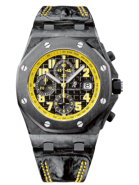 Royal Oak Offshore Chronograph 42MM Black Alligator Strap Black Dial With Méga Tapisserie Pattern Forged Carbon Case Black Ceramic Bezel