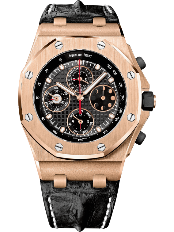 Royal Oak Offshore Chronograph Perpetual Calendar 42MM Black Alligator Strap Black Dial With Grande Tapisserie Pattern 18-Carat Pink Gold Case