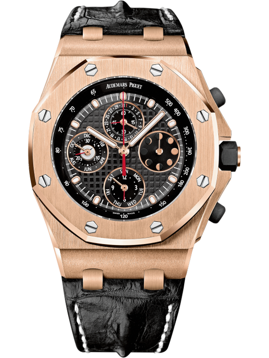 Royal Oak Offshore Chronograph Perpetual Calendar 42MM Black Alligator Strap Black Dial With Grande Tapisserie Pattern 18-Carat Pink Gold Case