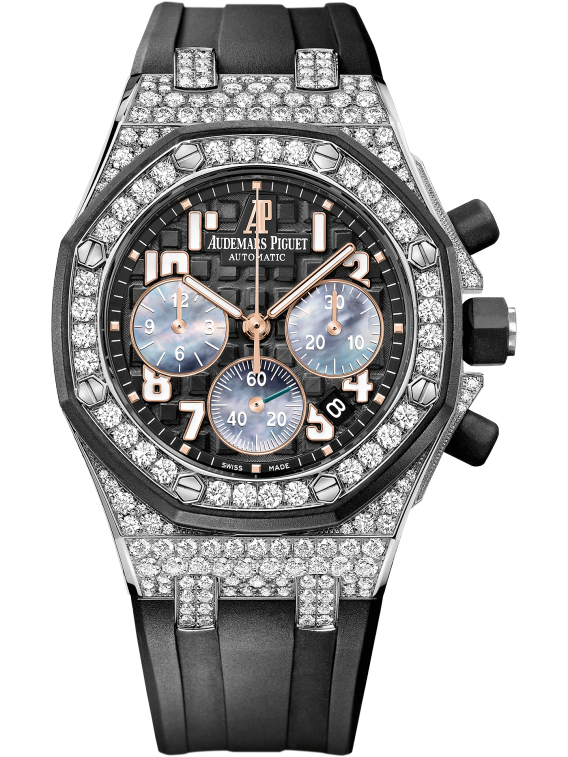 Royal Oak Offshore Ladycat Chronograph 37MM Black Rubber Strap Black Dial With Méga Tapisserie Patterns 18-Carat White Gold Case Diamond-Set Bezel