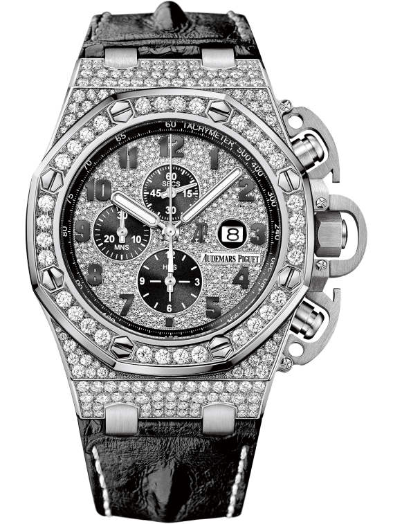 Royal Oak Offshore Chronograph 48MM Black Alligator Strap Diamond-Paved Dial 18-Carat White Gold Case Diamond-Set Bezel