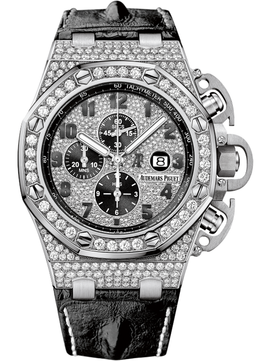 Royal Oak Offshore Chronograph 48MM Black Alligator Strap Diamond-Paved Dial 18-Carat White Gold Case Diamond-Set Bezel