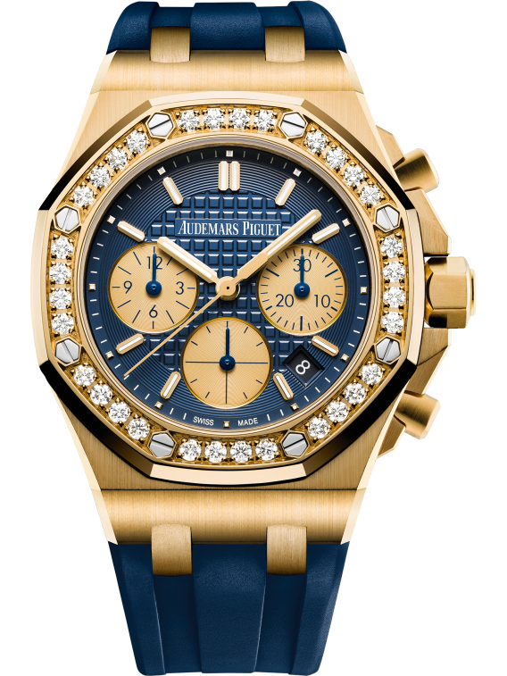 Royal Oak Offshore Selfwinding Chronograph 37MM Blue Rubber Strap Blue Dial With Lady Tapisserie Pattern 18-Carat Yellow Gold Case Diamond-Set Bezel