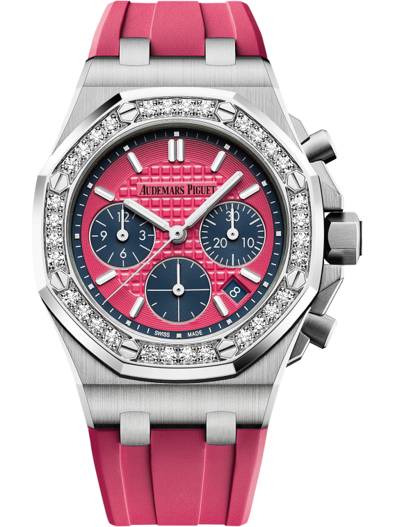 Royal Oak Offshore Selfwinding Chronograph 37MM Pink Rubber Strap Pink Dial With Lady Tapisserie Pattern Stainless Steel Case Diamond-Set Bezel