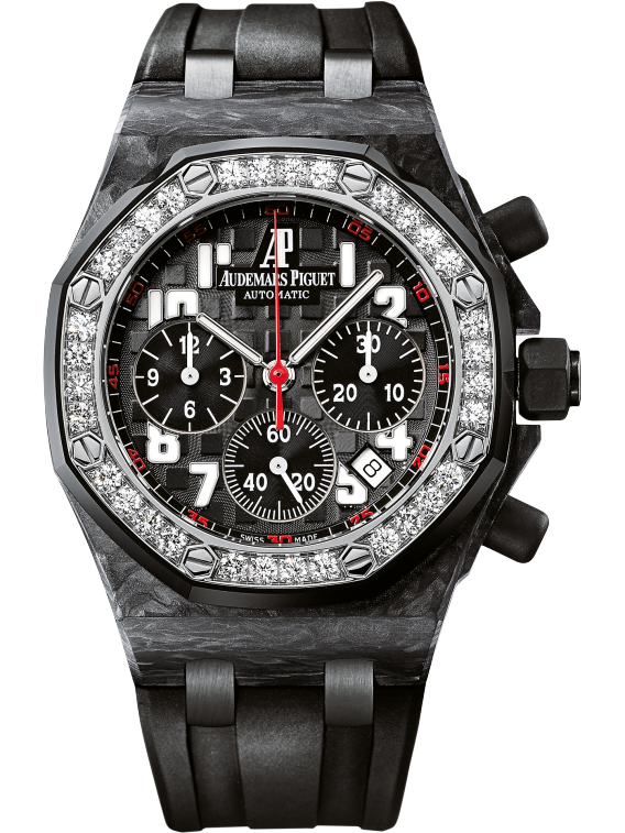 Royal Oak Offshore Chronograph 37MM Black Rubber Strap Black Dial With Méga Tapisserie Pattern Forged Carbon Case Diamond-Set Black Ceramic Bezel