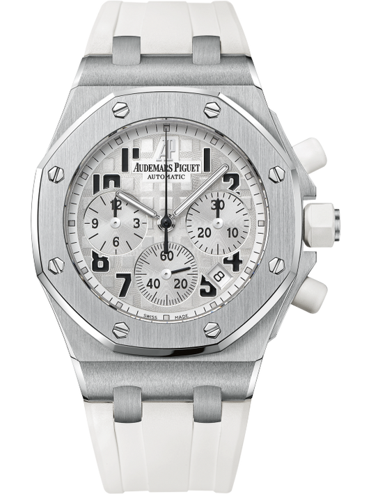 Royal Oak Offshore Chronograph 37MM White Rubber Strap Silver-Toned Dial With Méga Tapisserie Pattern Stainless Steel Case