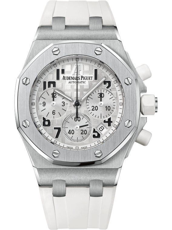 Royal Oak Offshore Chronograph 37MM White Rubber Strap Silver-Toned Dial With Méga Tapisserie Pattern Stainless Steel Case