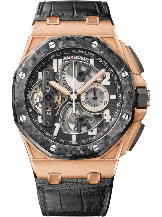 Royal Oak Offshore Tourbillon Chronograph 44MM Black Alligator Strap Black Dial Openworked at 6, 9 and 12 O’Clock 18-Carat Pink Gold Case Forged Carbon Bezel