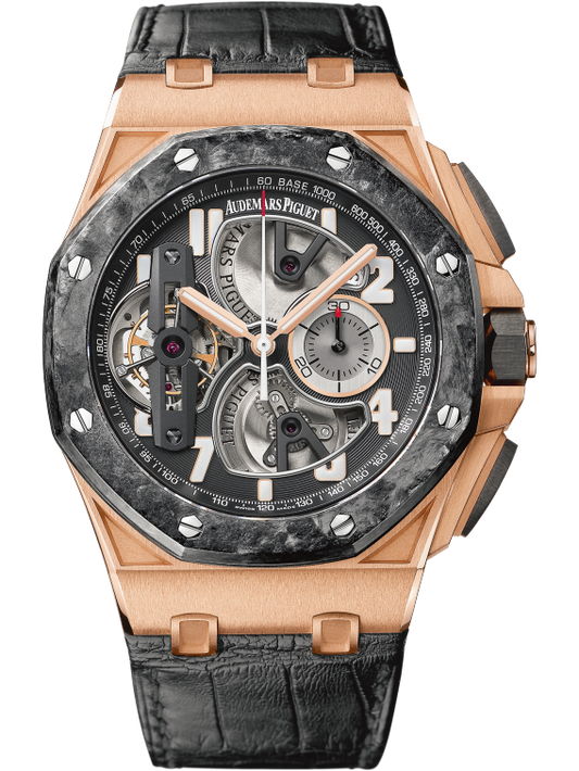 Royal Oak Offshore Tourbillon Chronograph 44MM Black Alligator Strap Black Dial Openworked at 6, 9 and 12 O’Clock 18-Carat Pink Gold Case Forged Carbon Bezel