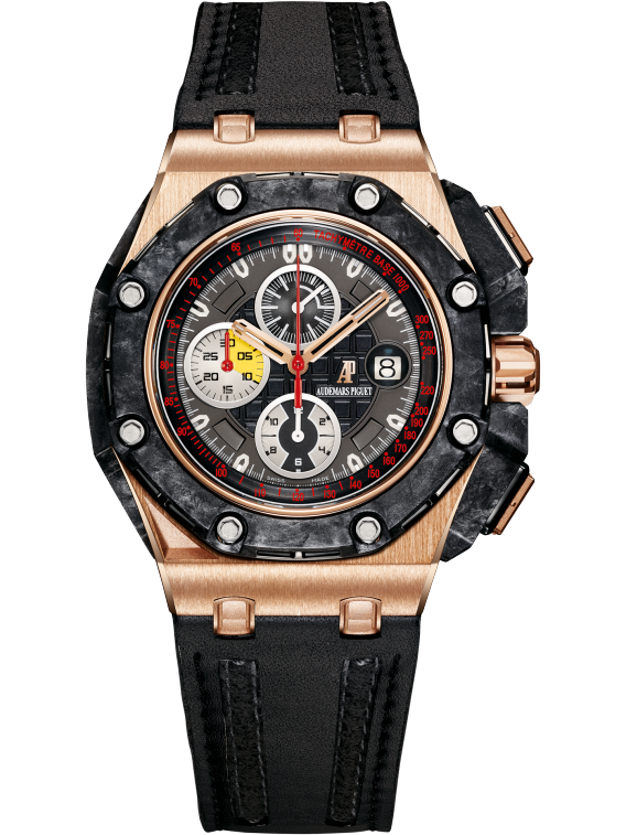 Royal Oak Offshore Grand Prix Chronograph 44MM Black Leather Strap  Black Dial With Méga Tapisserie Pattern 18 Carats Pink Gold Case Black Ceramic and Forged Carbon Bezel