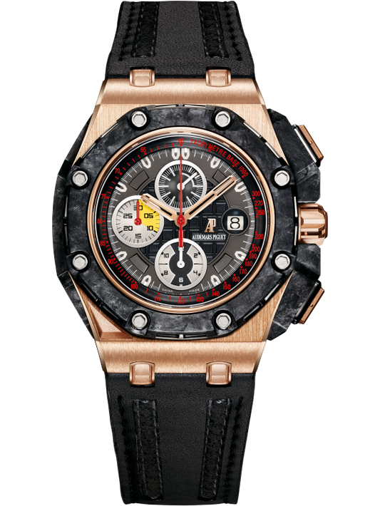 Royal Oak Offshore Grand Prix Chronograph 44MM Black Leather Strap  Black Dial With Méga Tapisserie Pattern 18 Carats Pink Gold Case Black Ceramic and Forged Carbon Bezel