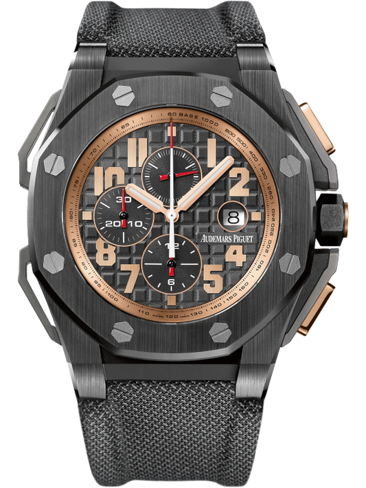 Royal Oak Offshore Arnold Schwarzenegger The Legacy Chronograph 48MM Aramide Fibres Strap Black Dial With Méga Tapisserie Pattern Black Ceramic Case