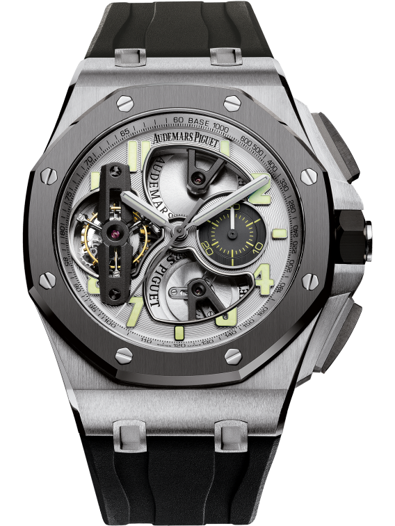 Royal Oak Offshore Tourbillon Chronograph 44MM Black Rubber Strap Silver-Toned Dial Openworked at 6, 9 and 12 O’Clock Titanium Case