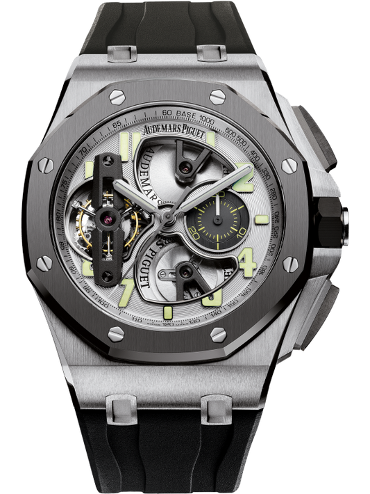 Royal Oak Offshore Tourbillon Chronograph 44MM Black Rubber Strap Silver-Toned Dial Openworked at 6, 9 and 12 O’Clock Titanium Case