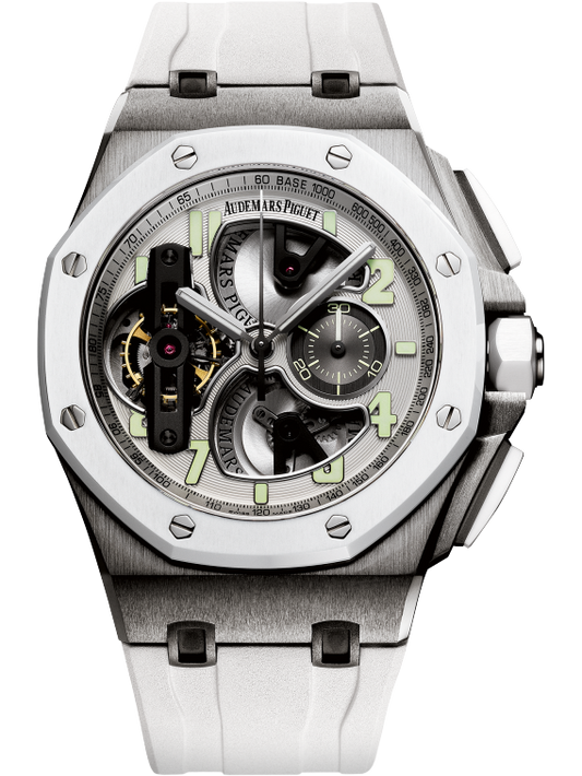 Royal Oak Offshore Tourbillon Chronograph 44MM White Rubber Strap Silver-Toned Dial Openworked at 6, 9 and 12 O’Clock, Black Counter Titanium Case White Ceramic Bezel