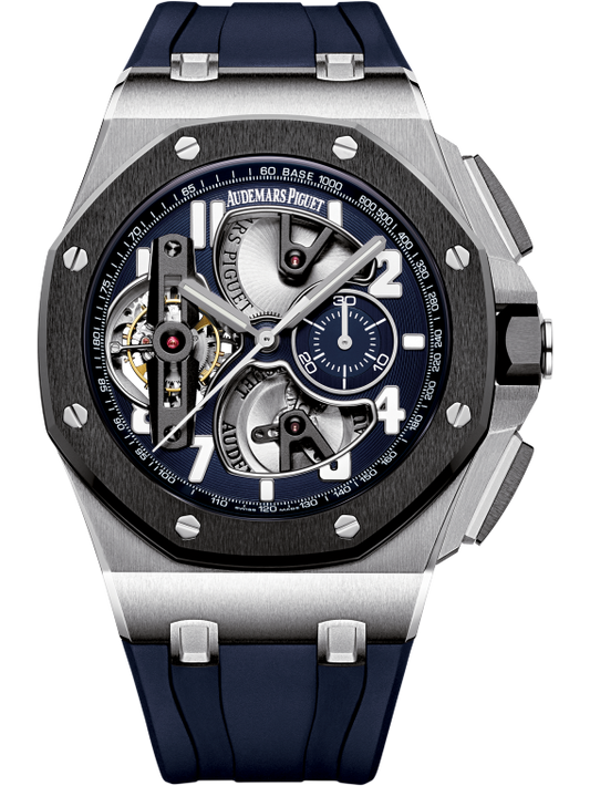 Royal Oak Offshore Tourbillon Chronograph 44MM Blue Rubber Strap Blue Dial Openworked at 6, 9 and 12 O’Clock, Silver-Toned Counter 950 Platinum Case