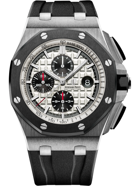 Royal Oak Offshore Chronograph 44MM Black Rubber Strap Silver-Toned Dial With Méga Tapisserie Pattern Stainless Steel Case