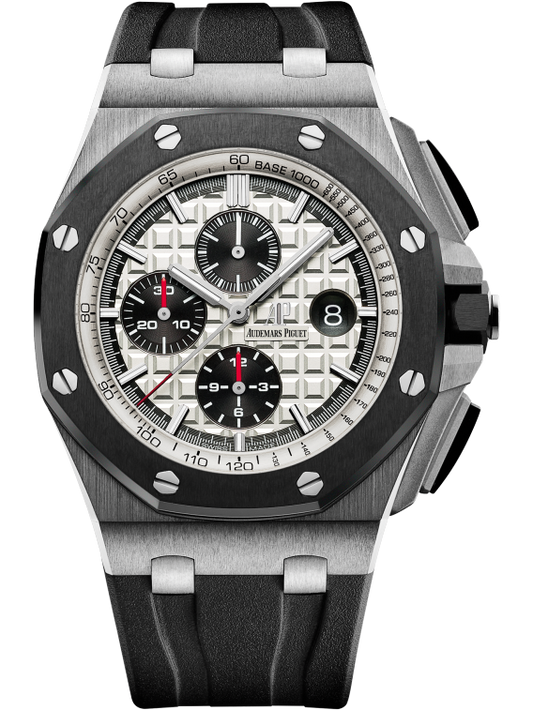 Royal Oak Offshore Chronograph 44MM Black Rubber Strap Silver-Toned Dial With Méga Tapisserie Pattern Stainless Steel Case