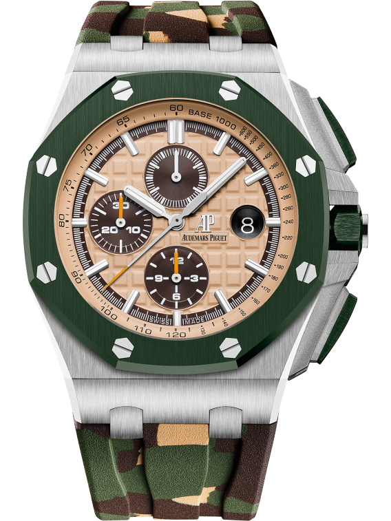 Royal Oak Offshore Selfwinding Chronograph 44MM Camouflage Rubber Strap Beige Dial With Méga Tapisserie Pattern Stainless Steel Case Green Ceramic Bezel