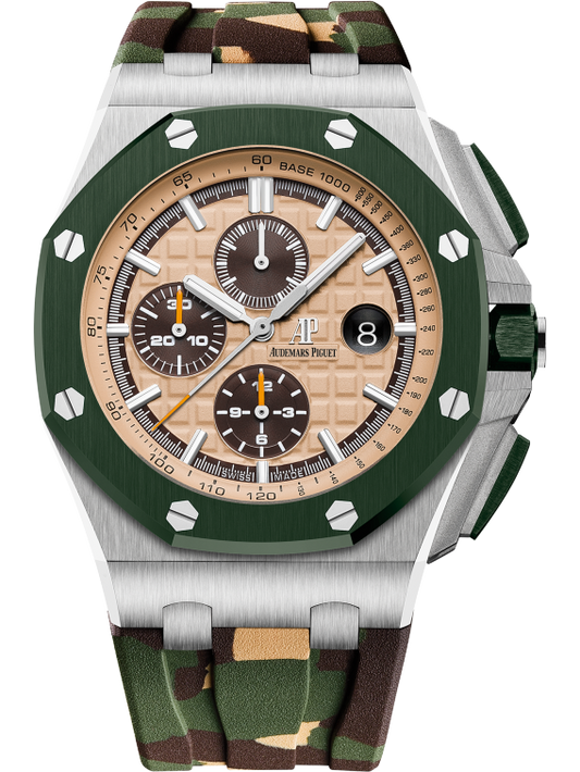 Royal Oak Offshore Selfwinding Chronograph 44MM Camouflage Rubber Strap Beige Dial With Méga Tapisserie Pattern Stainless Steel Case Green Ceramic Bezel