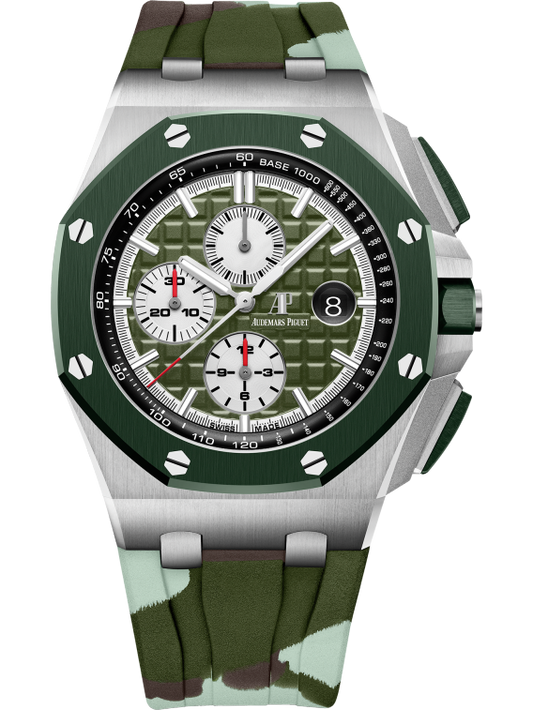 Royal Oak Offshore Selfwinding Chronograph 44MM Khaki Green Camouflage Rubber Strap Khaki Green Dial With Méga Tapisserie Pattern Stainless Steel Case Khaki Ceramic Bezel