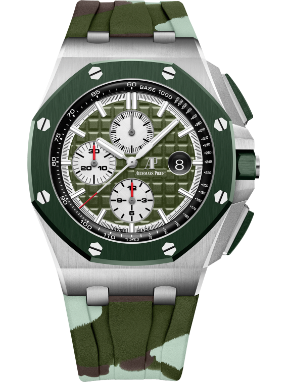 Royal Oak Offshore Selfwinding Chronograph 44MM Khaki Green Camouflage Rubber Strap Khaki Green Dial With Méga Tapisserie Pattern Stainless Steel Case Khaki Ceramic Bezel