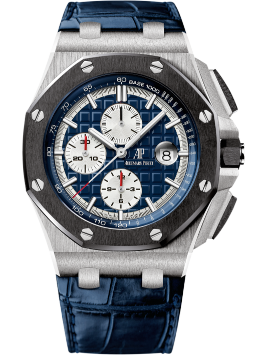 Royal Oak Offshore Chronograph 44MM Blue Alligator Strap Blue Dial With Méga Tapisserie Pattern 950 Platinum Case Black Ceramic Bezel