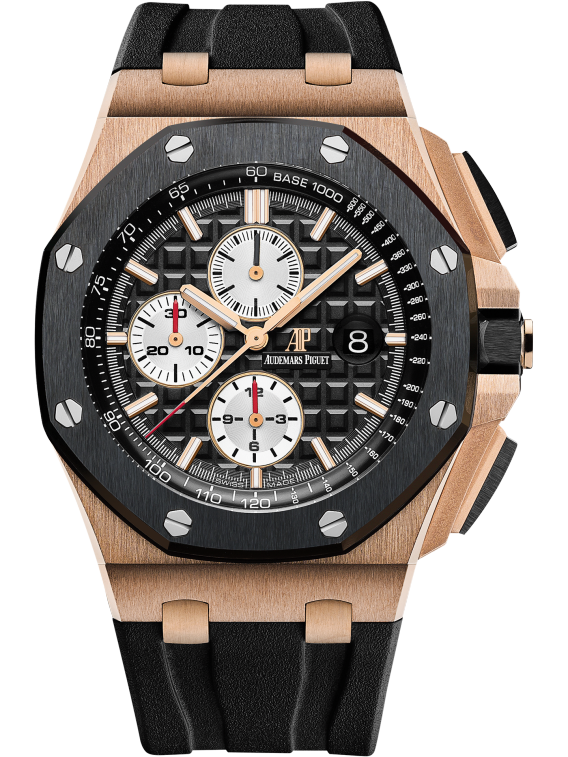 Royal Oak Offshore Chronograph 44MM Black Rubber Strap Black Dial With Méga Tapisserie Pattern 18-Carat Pink Gold Case Black Ceramic Bezel