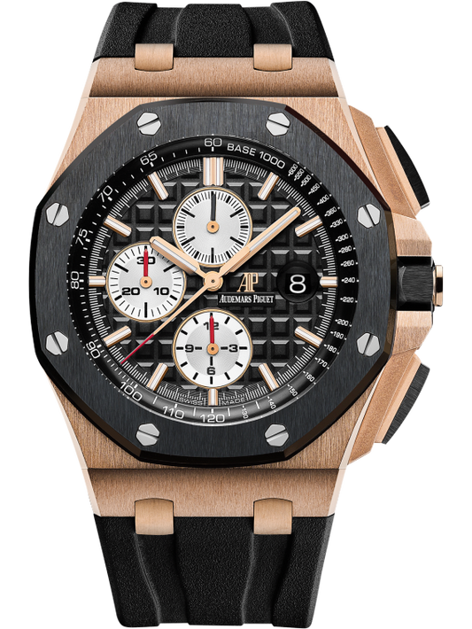 Royal Oak Offshore Chronograph 44MM Black Rubber Strap Black Dial With Méga Tapisserie Pattern 18-Carat Pink Gold Case Black Ceramic Bezel